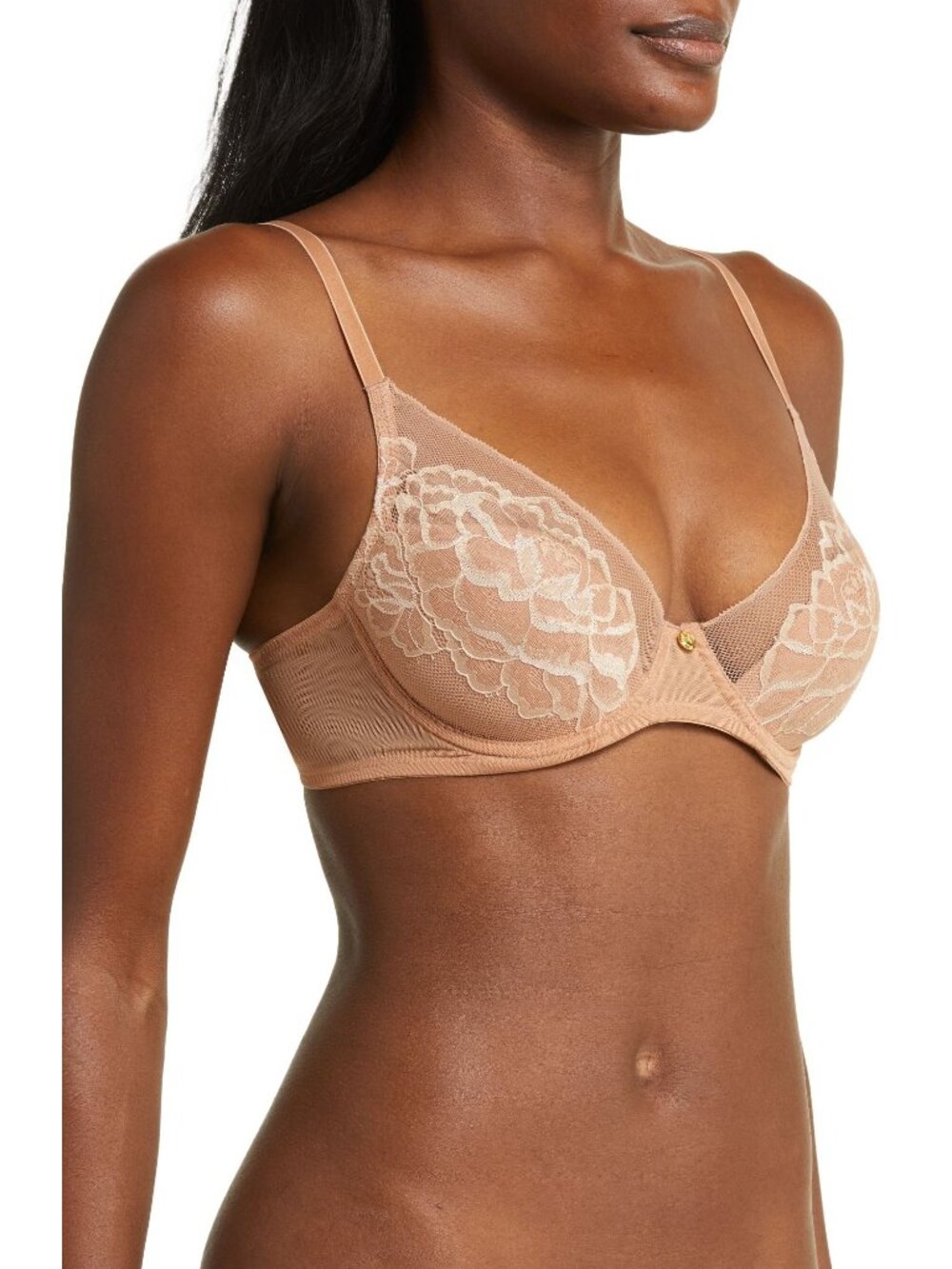 🆕NATORI Flora Lace Underwire Plunge Bra 34G Glaze Cash (Dark Beige) #721150 - Picture 3 of 11